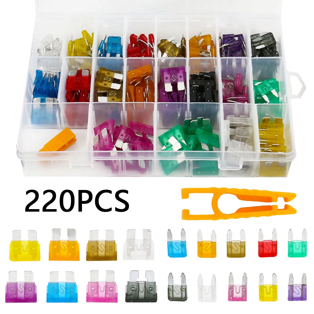 220pcs Car Fuses 2A 3A 5A 10A 15A 20A 25A 30A 35A Amp with Box Clip Car