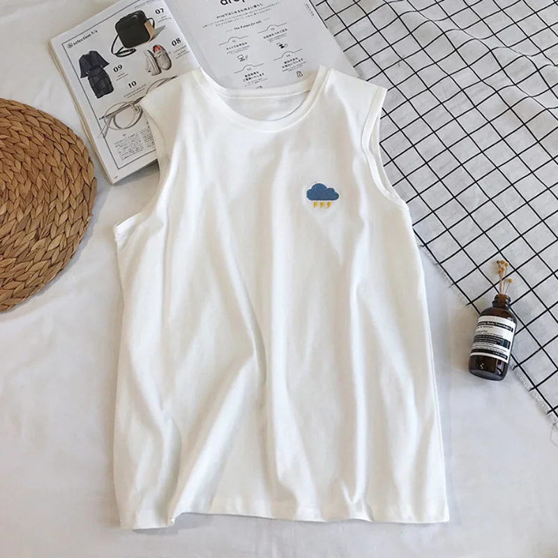 Белый Women Tank Tops Summer Clothing Fashion Casual Loose Cotton Embroidered Moon Sleeveless Vest - Цвет: Белый