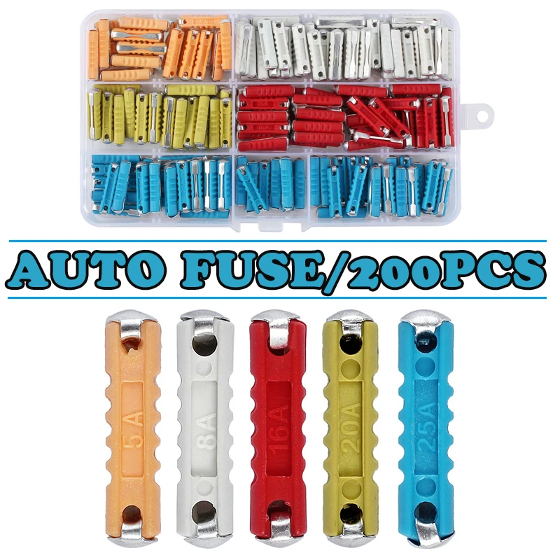 

200pcs Car Tractor Round Torpedo Fuses Set 5A 8A 20A 16A 25A Assortment With Box Electrical Fuses Multi Color