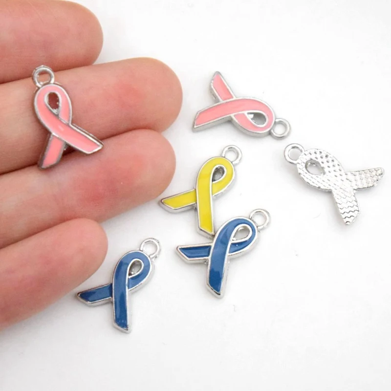 12*17mm Pink Yellow Ribbon Tie Pendant Breast Cancer Awareness Charms Enamel DIY Accessories For Handmade Women Jewelry Necklace