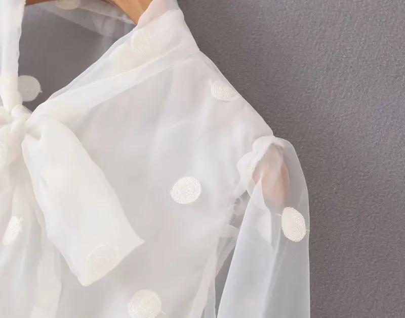 Comprar Nueva blusa de organza informal con bordado de lunares con cuello alto elegante para mujer
