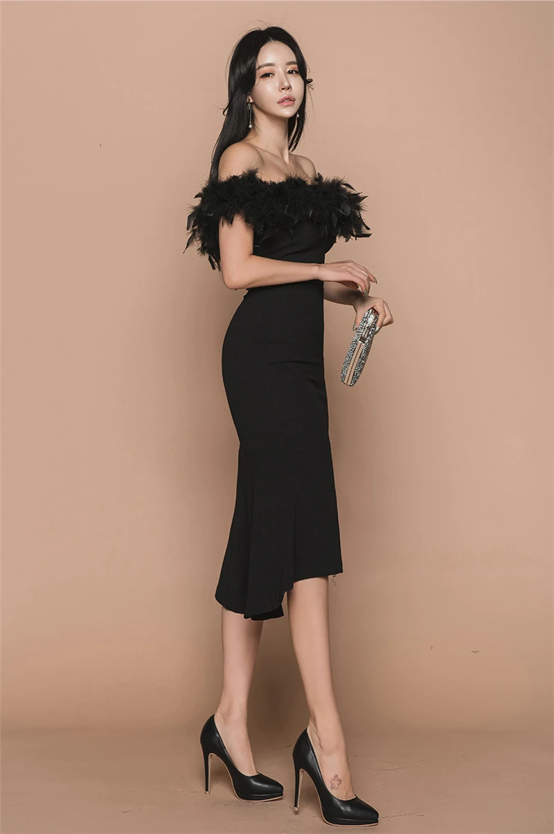 BGTEEEVR, женское вечернее платье, vestidos, с вырезом лодочкой, с перьями, платье русалки, с коротким рукавом, сексуальное, тонкое, женское платье-миди, женское черное платье