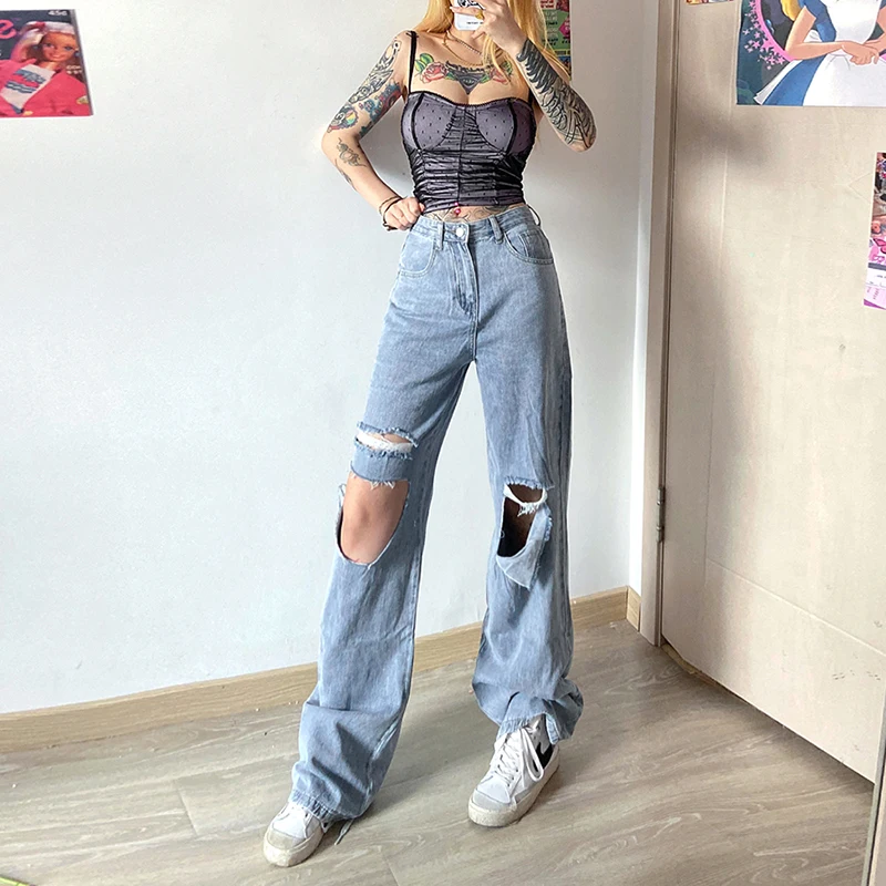Jeans Women Holes Blue Chic Oversize 