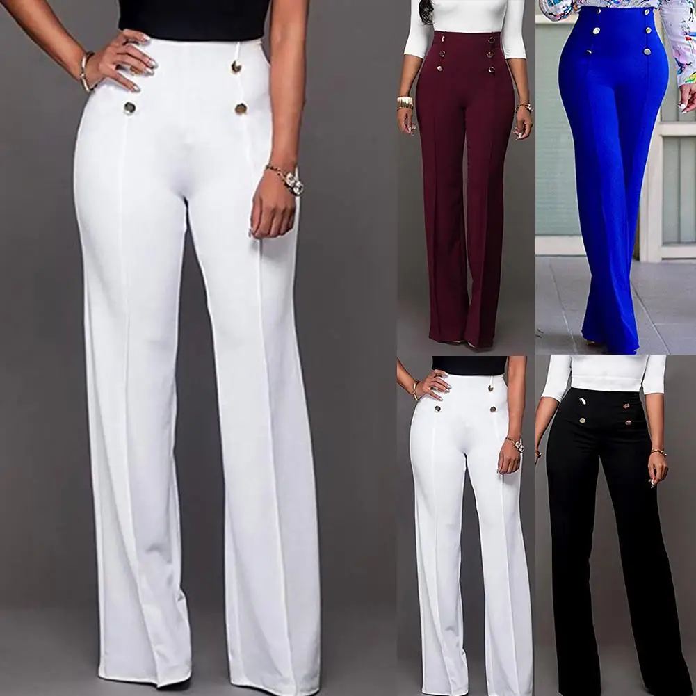 

Women Solid Color Elegant Female Wide Leg Pants High Waist Flared Trousers Slim Loose Slacks
