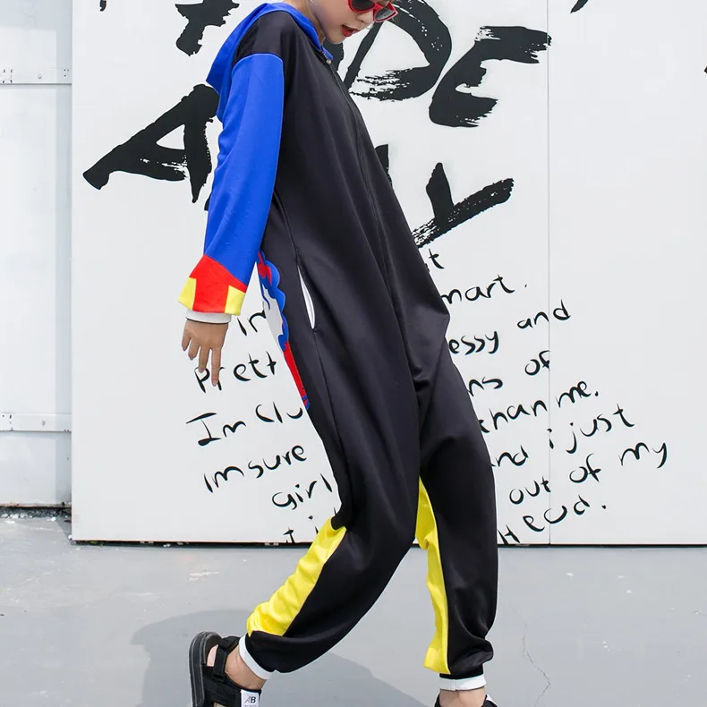 Женский комбинезон в стиле рок с принтом из мультфильма, эластичный цельнокройный комбинезон с капюшоном