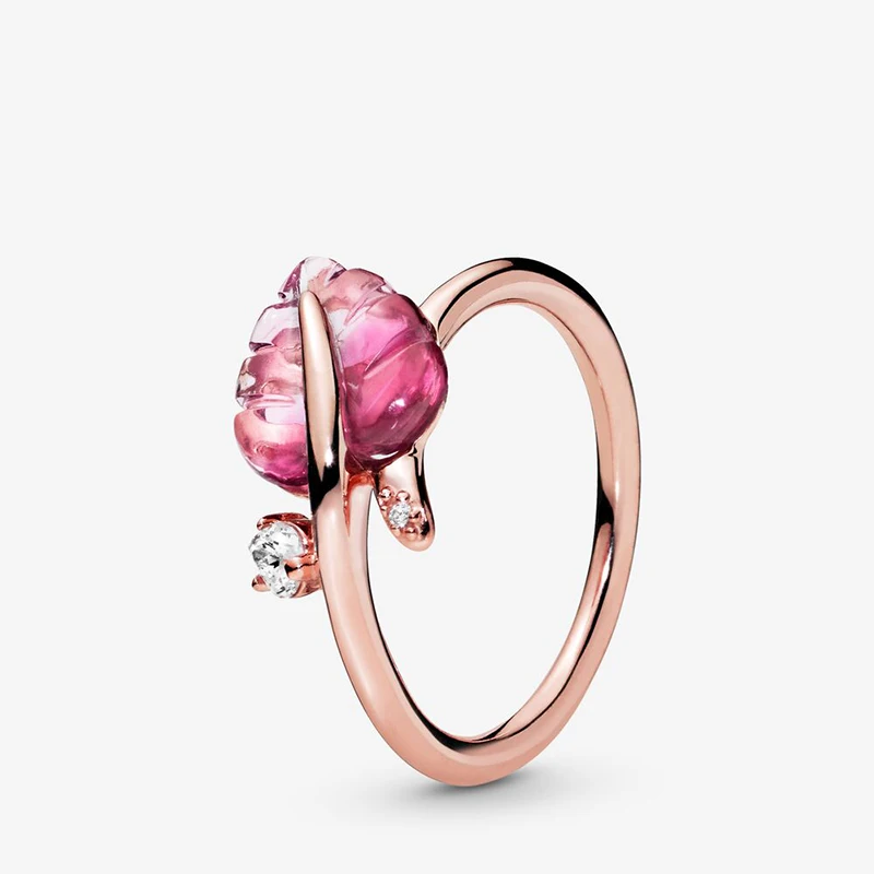 

2019 Autumn 925 Sterling Silver Women Rings Pink Murano Glass Leaf Ring for Engagement Jewelry Anniversary