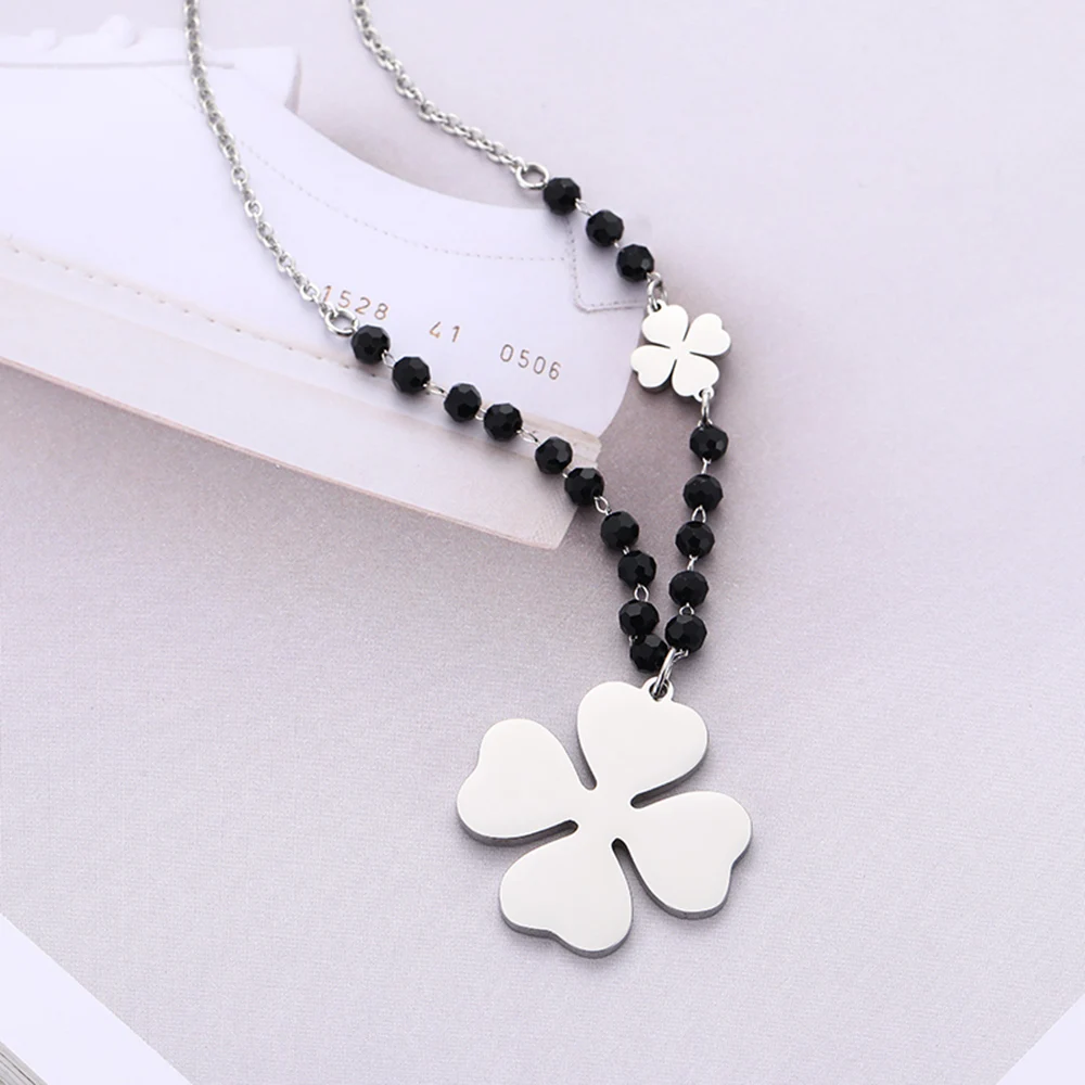 2021 Clover Pendant Necklace for Women Black Crystal Chain Stainless Steel Necklace Heart Choker Jewelry Gifts for New Year 2022