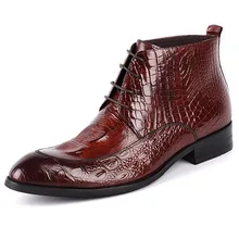 Fashion Boots Men Genuine Leather High Quality Cow Leather Men Dress Boots Shoes Crocodile Pattern Lace-up Ankle Boots