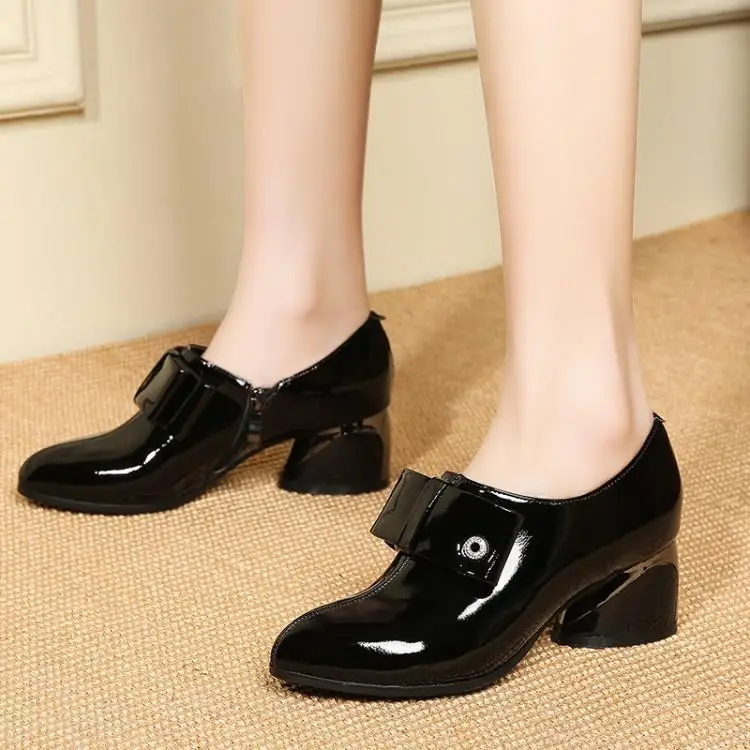 

Deep sole shoes spring and autumn square head thick heel bow female head layer cowhide 5cm