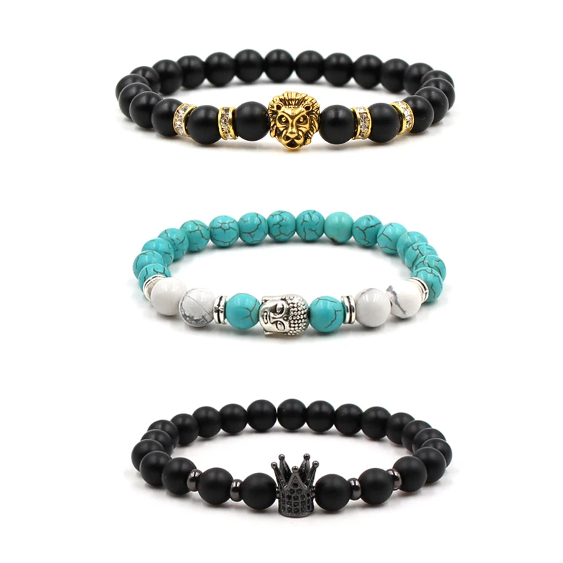 

Silver Color Buddha Head Lava Skeleton Turquoises Natural Stone 8mm Beads For Women Men Bracelet Set Charm Bangles pulseras