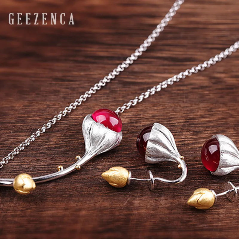 925 Sterling Silver Gemstone Corundum Jewelry Set With Necklace Stud Earrings Handmade Craft Lotus Flower Bud Fine Jewelry Women