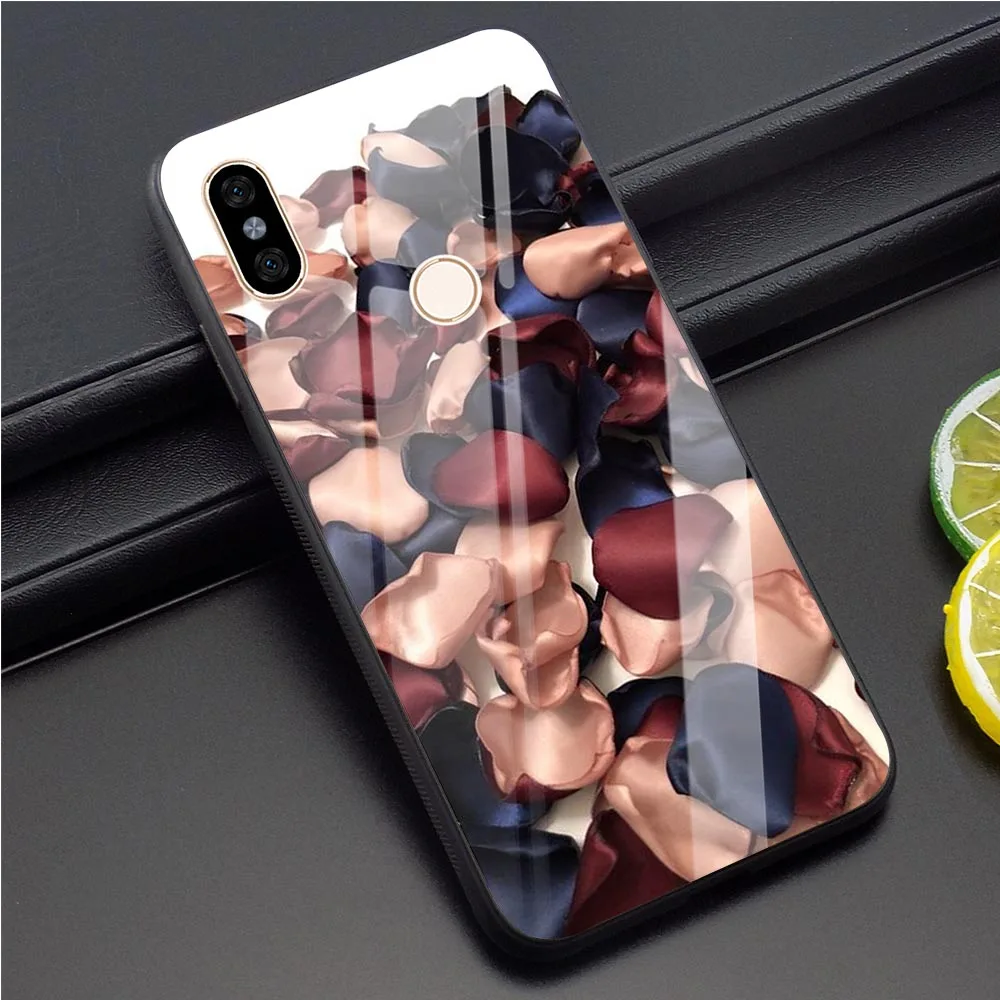 

petal Tempered Glass Phone Case for Xiaomi A1 Cover A2 8 Lite 9 F1 Redmi 4X 6A Note 5 Pro 6 7 Silicone
