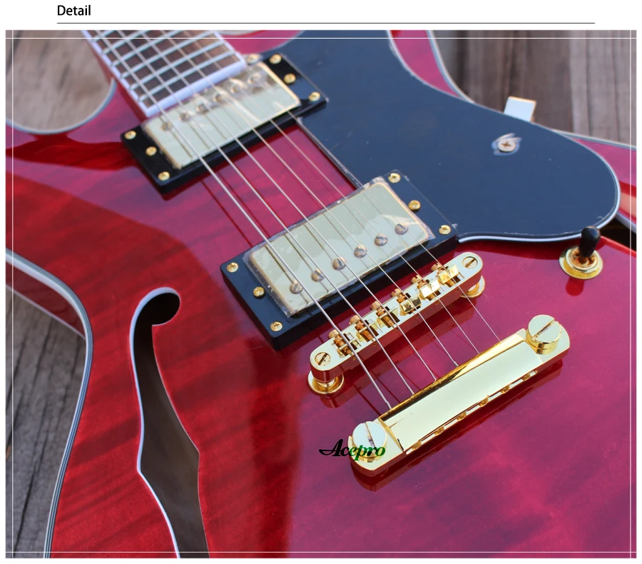 Acepro джаз электрогитара с пламенем клена, Полу полый корпус Archtop гитары, Золотое оборудование, Abalone блок инкрустаций