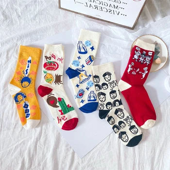 

A Pair of Kawaii Cartoon Funny Pattern Women's Socks College Trend Illustration Breathable Men's and Women's Socks