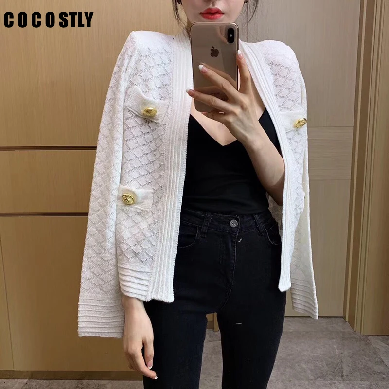 

Fashion Women Cardigans 2019 Autumn Sweater Runway Designer Coats Loose Cardigan Knitted black white V-neck Casual Coat Outwear