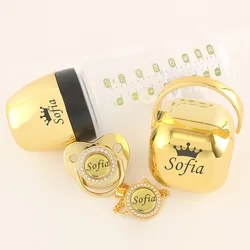 Ensemble d'alimentation de bébé personnalisé de luxe, avec tous les noms, en or Rose or argent, bouteille de lait, sucette Bling, étui de sucette, cadeau d'anniversaire Unique 
