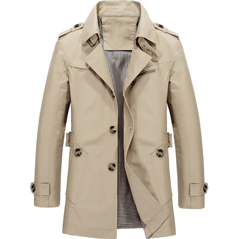 Куртка мужская мода дизайн пальто Slim Fit сплошной хлопок хаки одежда длинное пальто - Цвет: light khaki