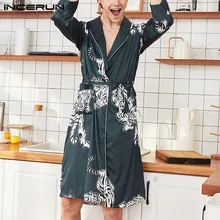INCERUN модный сексуальный женский мужской халат с принтом тигра, атласная пижама с длинным рукавом и поясом, домашняя одежда, кимоно, пижама