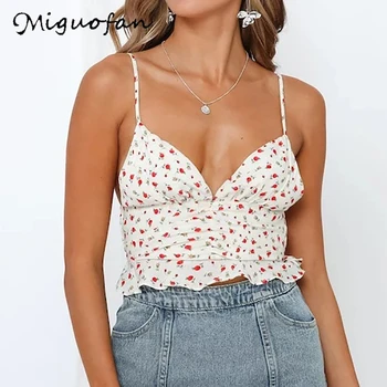 

Miguofan Sexy Women Camis floral print Crop Tops ruffles v neck camis Vintage Female Shirt Camisole Tanks spaghetti strap camis