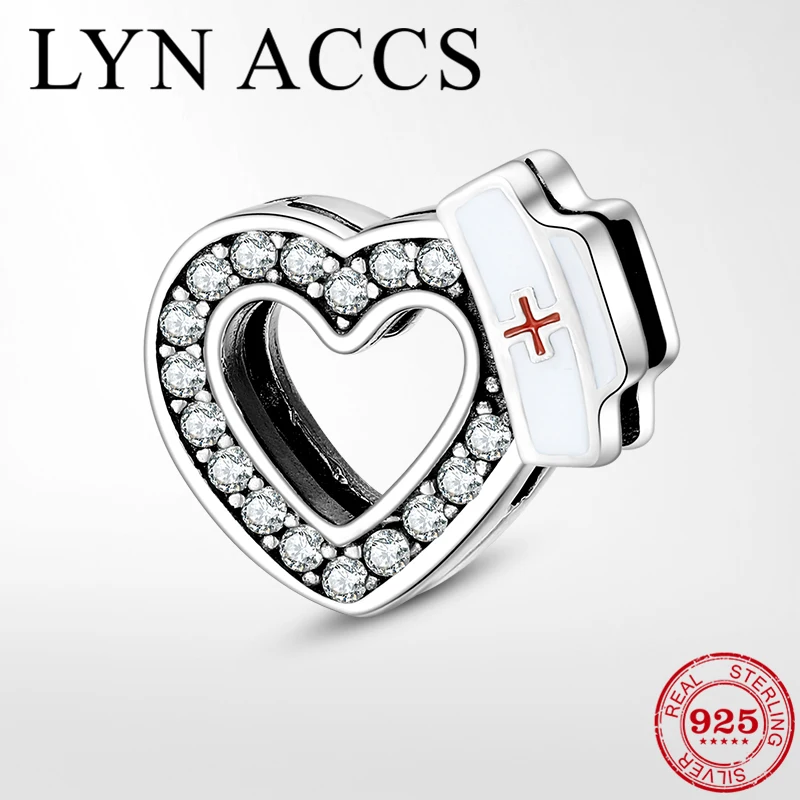 

100% Real 925 Sterling Silver Nurse cap Heart Beads Clip Charm with Clear CZ Fit Original Reflection Bracelets Fine Jewerly Gift