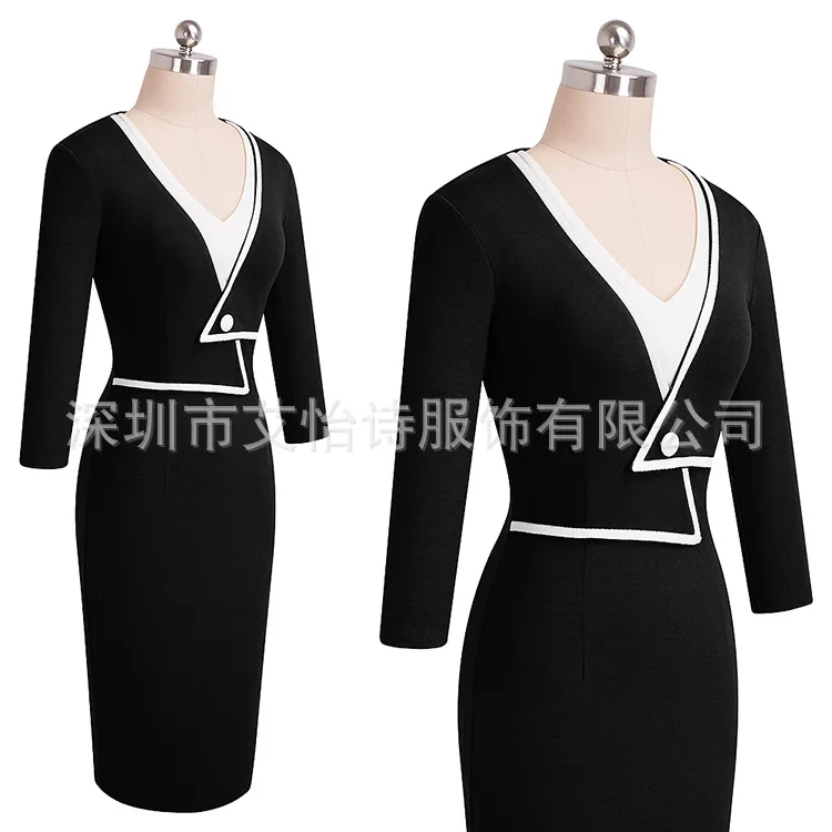 Ozhouzhan AliExpress Весна стиль большой Размеры платье с v-образным вырезом Slim Fit контраст Цвет сумка бедра юбка-карандаш