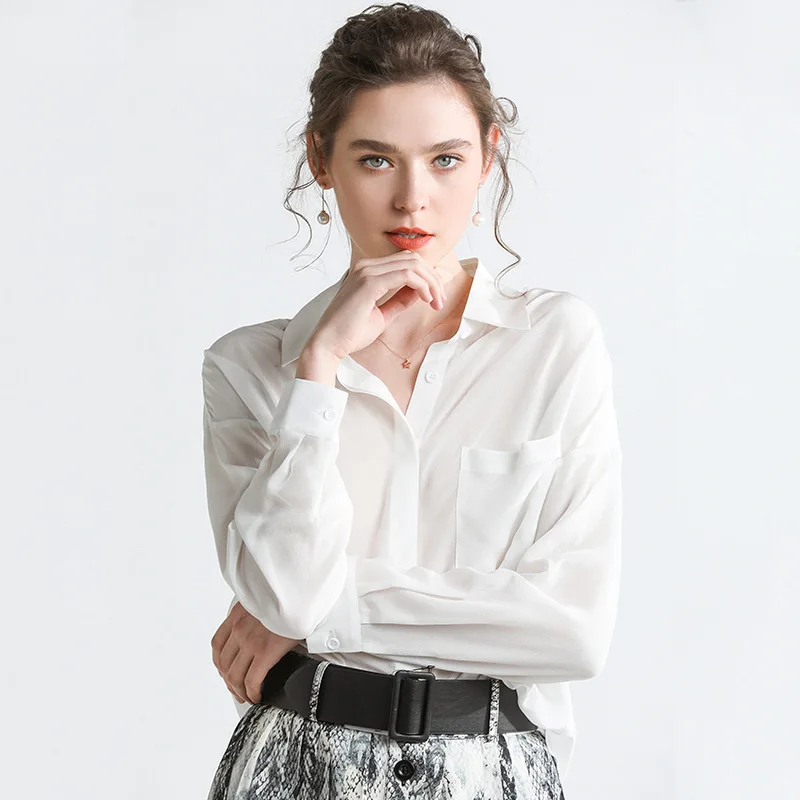 

Fall 2019 New 100% real Silk Shirt Women Simple Long Sleeve Top turn down collar high end white blouses korean fashion clothing