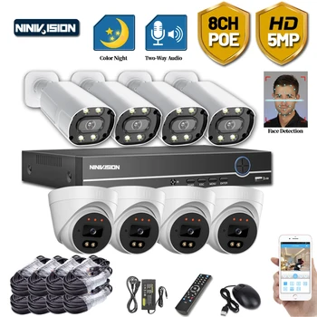 

NINISION HD 5MP POE AI Camera Color Night CCTV Security Camera System Face Detection Human Detection P2P Video Surveillance Set