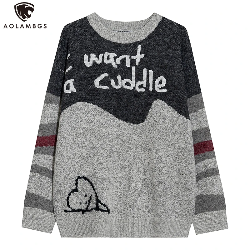 

Aolamegs Sweater Men Color Block Funny Cartoon Letter Warm Knitted Pullover Casual Cozy Fashion Autumn Winter Male Streetwear
