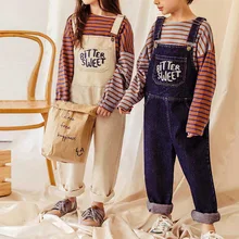 WLG/весенне-осенние комбинезоны для мальчиков и девочек детский джинсовый комбинезон синего и бежевого цвета с буквенным принтом модная универсальная одежда для детей возрастом от 1 года до 6 лет