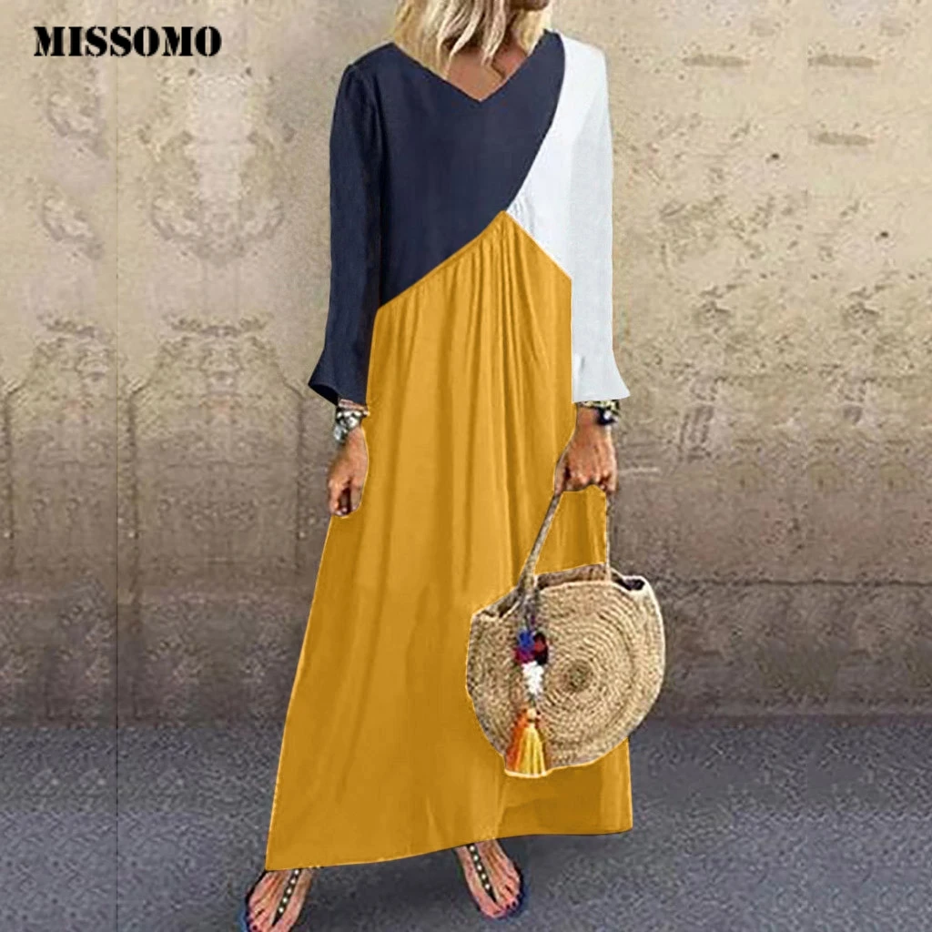 

MISSOMO Women Summer Maxi Dress Casual Casual Splicing Plus Size 5XL Dress Long Sleeve Loose Party Long Dress Vestidos 82