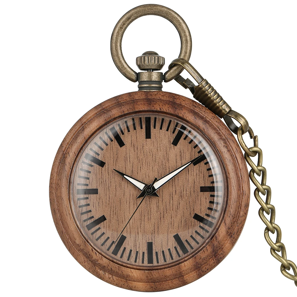 Classic Walnut Case Pocket Watch for Women Concise Big Dial with Luminous Pointers Necklace Male Clock 1