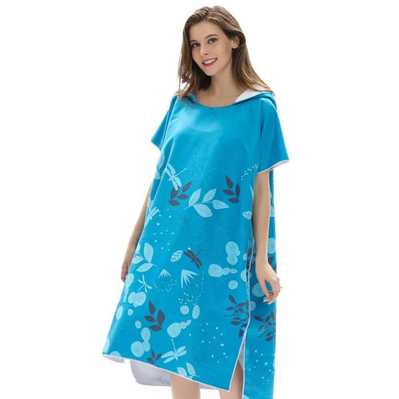 

Sea Blue Leaf Printing Changing Robe Bath Towel Fashion Outdoor Adult Hooded Beach Towel Poncho Women Bathrobe Towels swimwear