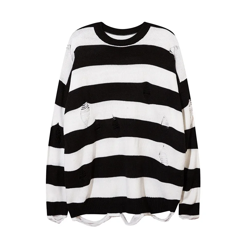 Hole Knitting Sweater Men Green Striped 