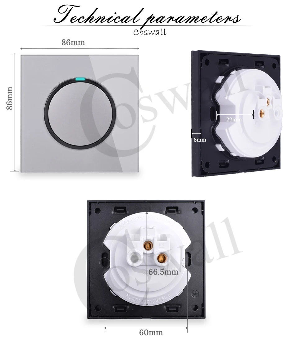 Coswall 1 комплект 1 способ случайный щелчок вкл/выкл настенный светильник с Светодиодный индикатор закаленное стекло панель 16A серый