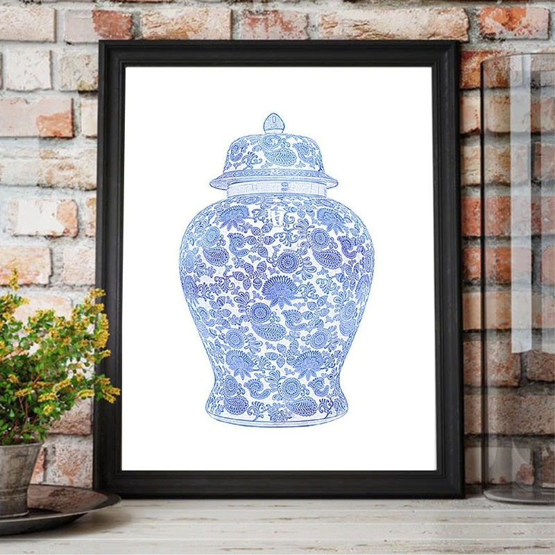 Chinese-Ginger-Jar-Print-Blue-and-White-Chinoiserie-Waterolor-Canvas-Art-Painting-Wall-Art-Picture-Poster
