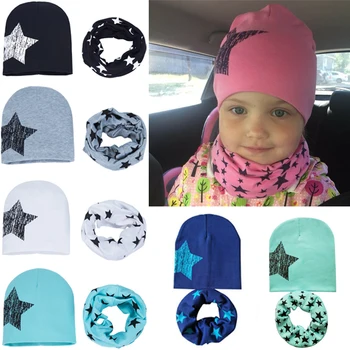 

Cotton Stars Hat Printed 2 Pcs Caps+Scarf Warp For Baby Toddler Kids Boys Girls