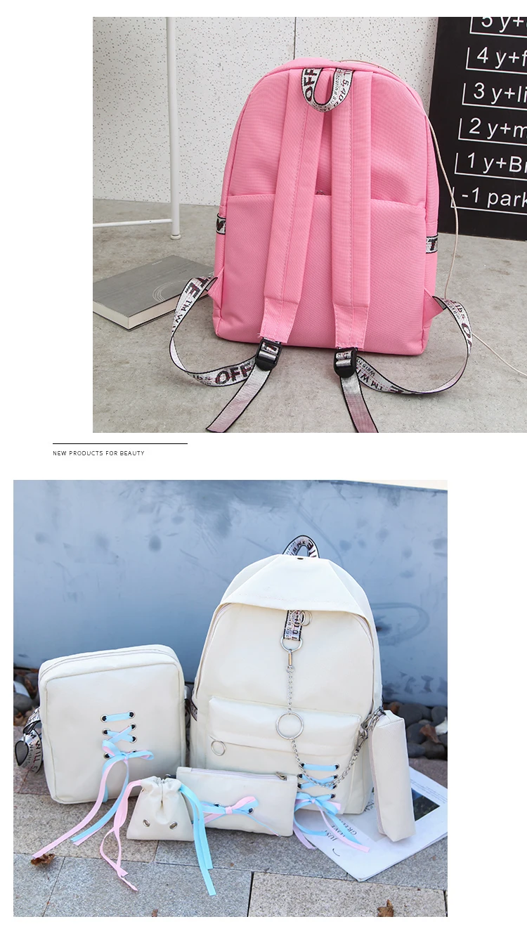 Student bag summer bow five piece set high school student bag Korean version large capacity Middle School Student Backpack