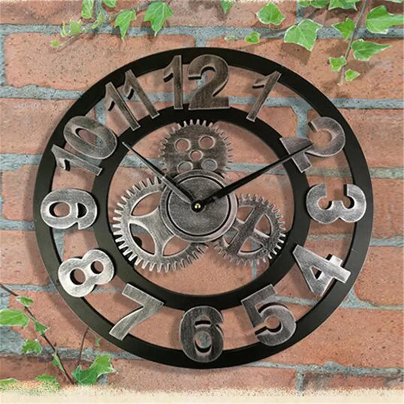 Handmade 3D large vintage quartz wall clock watch decor for living room silent  watch wall clock big gear wooden wanduhr klok (2)