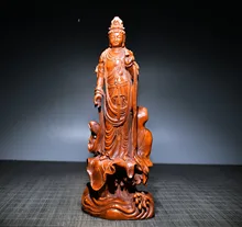 

9" Chinese Folk Collection Seikos Small Leaf Boxwood Avalokitesvara Buddha Standing Buddha Gather fortune office ornament