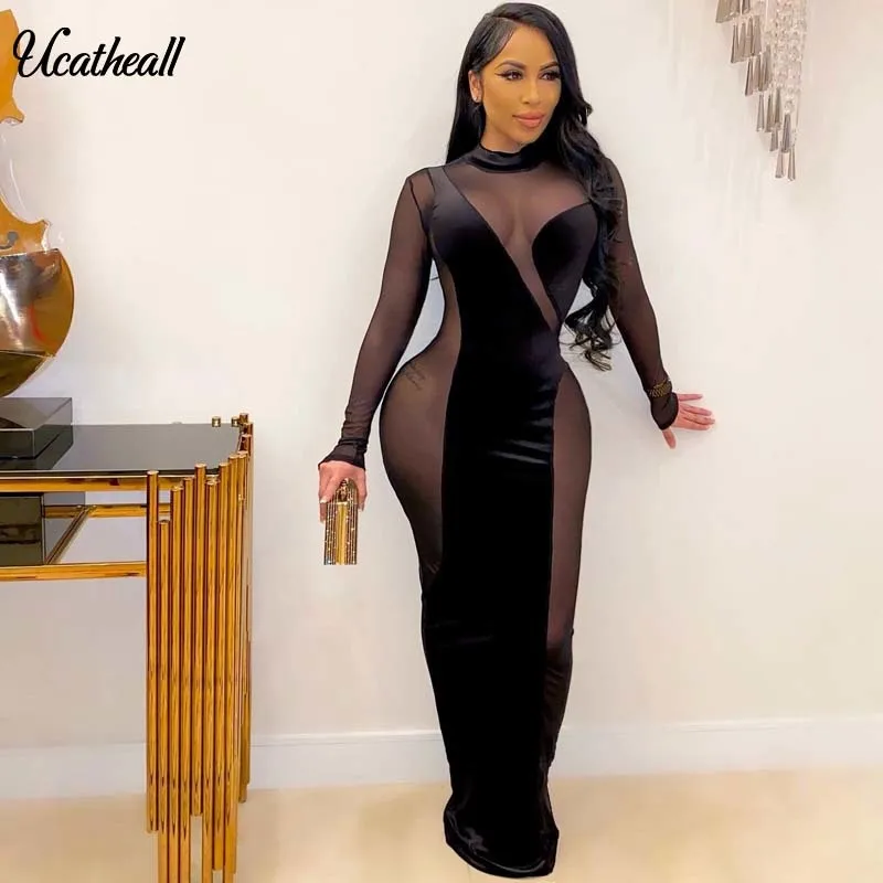 Long Sleeve Mesh Party Dress 2021 Summer Velvet Patchwork Hollow Out Slim Bodycon Bandage Sexy Club Vestidos