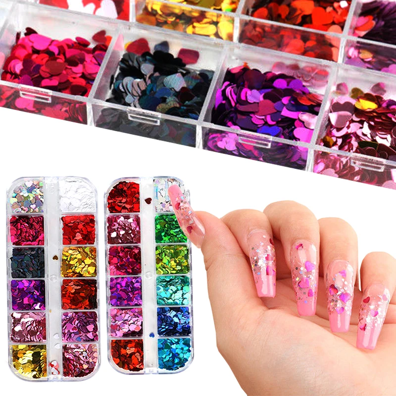 

12Grids Nail Laser Flakes Patch Chunky Love Mix SIZE Shaped,Hard Magic Sequins Kawaii Holo Nail Art Decorations Slice 2022 ph173