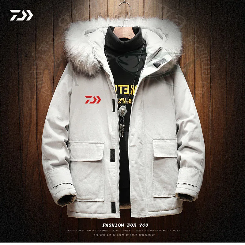 Одежда для рыбалки Daiwa с капюшоном, зимняя теплая куртка с большим карманом для рыбалки, однотонная спортивная мужская зимняя куртка, одежда для улицы