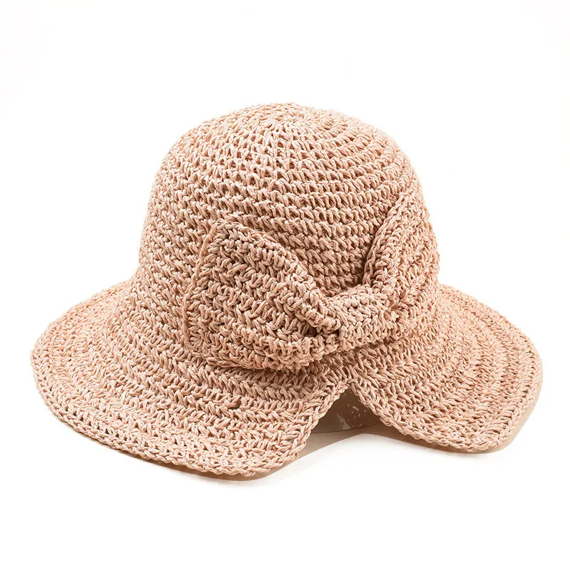 Pink Cap Родитель-ребенок рафия лук шляпа от солнца широкие свисающие поля летние шляпы для женщин Пляжная Панама соломенный котелок, Панама шляпа Femme Солнцезащитная шляпа - Цвет: Pink Cap