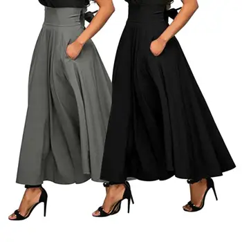 

Fashion Solid Color Women Back Bow High Waist Pleated A-Line Swing Maxi Skirt