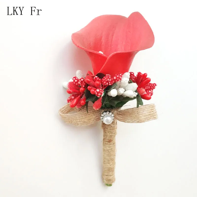 Red Boutonniere Розовый Калла Лилия Бутоньерка Свадебные корсажи и бутоньерки жених шафера Buttonhole мужские свадебные цветы Mariage аксессуары - Цвет: Red Boutonniere