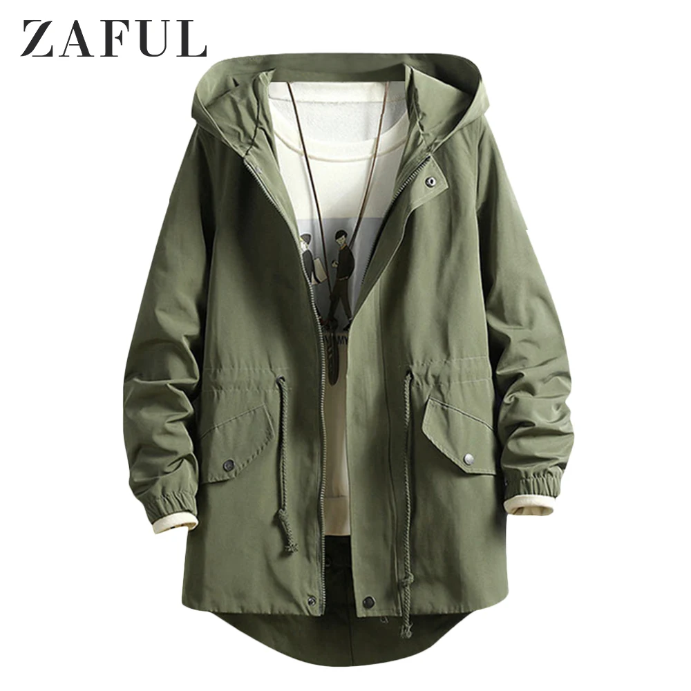 Army Green ZAFUL Мужское пальто с капюшоном и высокой низкой спинкой, Асимметричное пальто с длинным рукавом на шнурке, Уличная Повседневная куртка с капюшоном - Цвет: Army Green