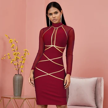 

Empire O-neck Long sleeve Lace Hollow Out Party Bandage Dress New Style sexy women celebrity body con dresses wholesale
