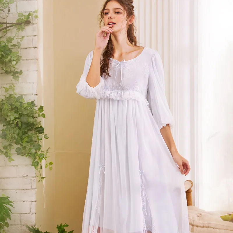 

Roseheart Women Fashion White Pink Blue Sexy Sleepwear Nightdress Lace Nightwear Sleepshirts Luxury Nightgown Court Gown Court