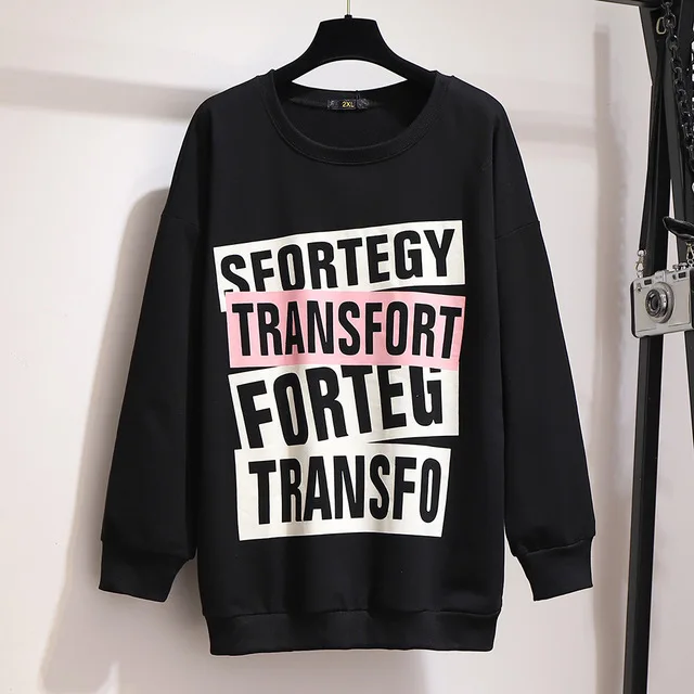 autumn winter plus size tops for women large long sleeve loose casual print letter O neck T shirt black 3XL 4XL 5XL 6XL 7XL - Цвет: Черный