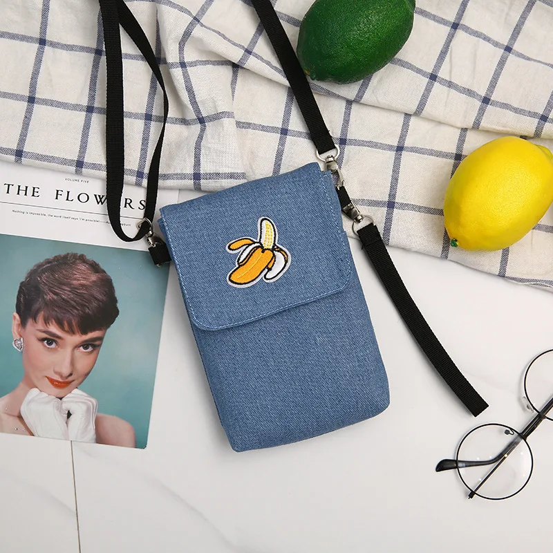 

Fashion denim embroidery diagonal small bag diagonal fabric large screen mobile phone pocket